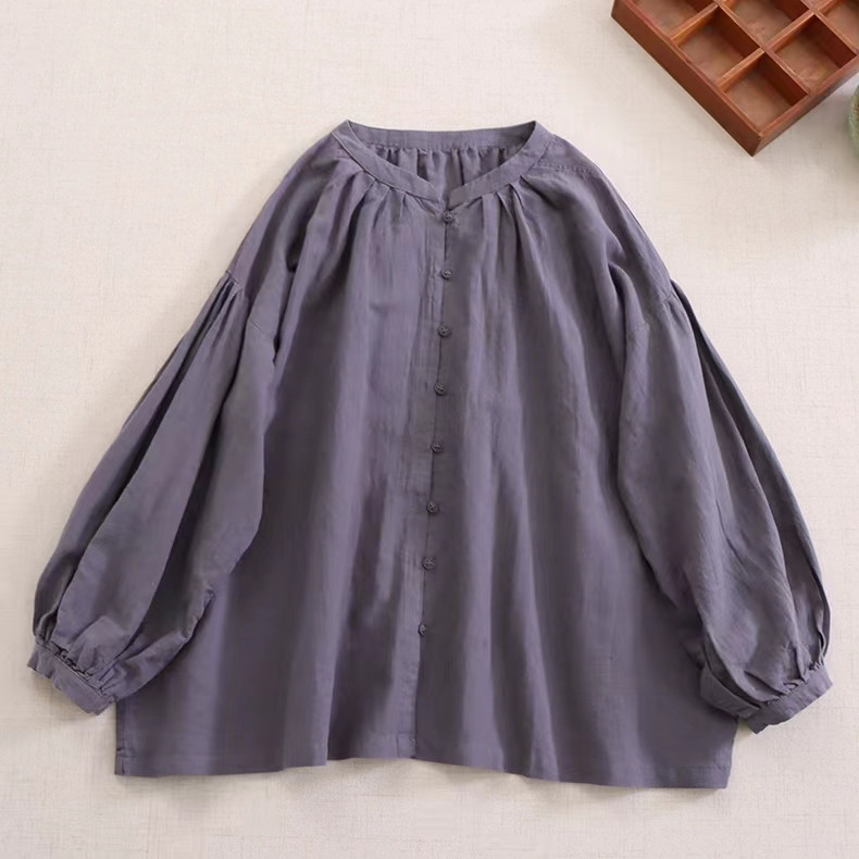 【冷房対策★リネン混シャツ★立ち襟】コットン│カジュアル│無地│オフィス│ゆとり感│体型カバー│エスニック│T-17LB