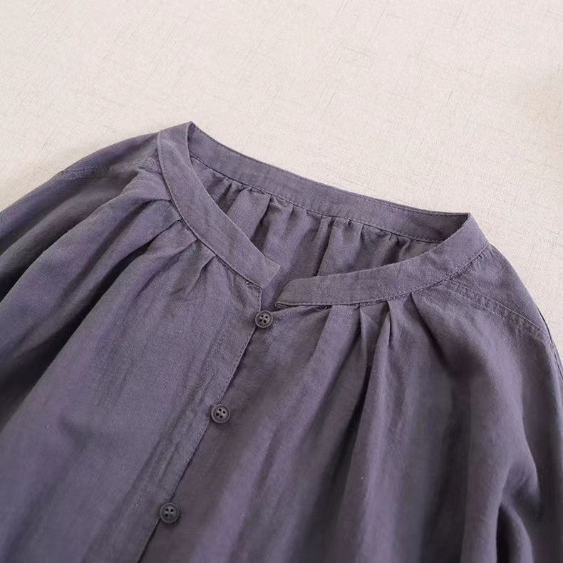 【冷房対策★リネン混シャツ★立ち襟】コットン│カジュアル│無地│オフィス│ゆとり感│体型カバー│エスニック│T-17LB