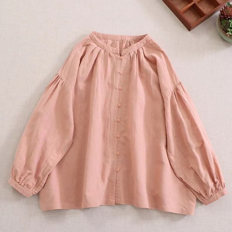 【冷房対策★リネン混シャツ★立ち襟】コットン│カジュアル│無地│オフィス│ゆとり感│体型カバー│エスニック│T-17LB