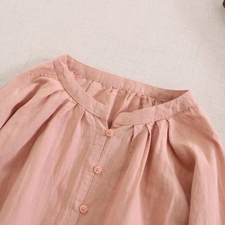 【冷房対策★リネン混シャツ★立ち襟】コットン│カジュアル│無地│オフィス│ゆとり感│体型カバー│エスニック│T-17LB