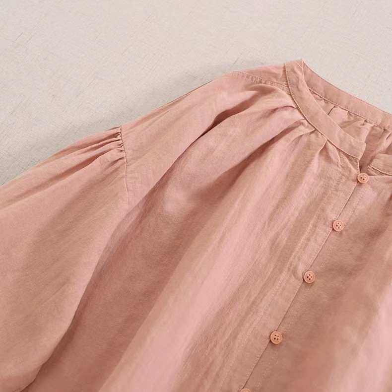 【冷房対策★リネン混シャツ★立ち襟】コットン│カジュアル│無地│オフィス│ゆとり感│体型カバー│エスニック│T-17LB