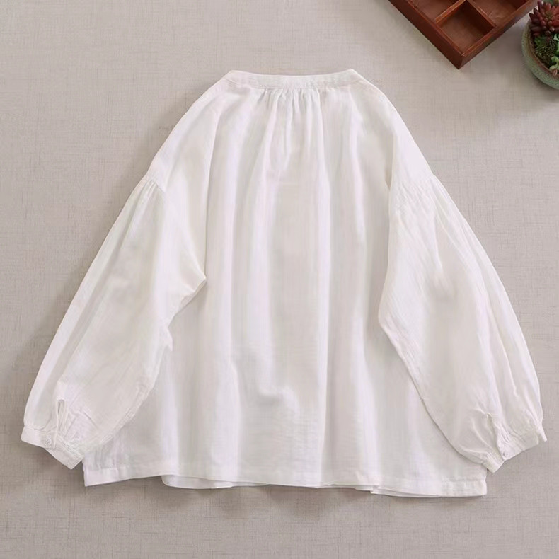 【冷房対策★リネン混シャツ★立ち襟】コットン│カジュアル│無地│オフィス│ゆとり感│体型カバー│エスニック│T-17LB