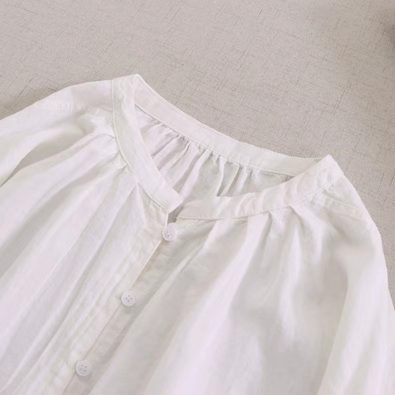 【冷房対策★リネン混シャツ★立ち襟】コットン│カジュアル│無地│オフィス│ゆとり感│体型カバー│エスニック│T-17LB