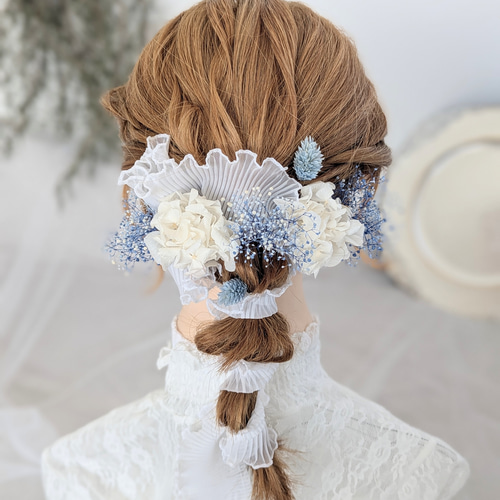 フリルリボン × ブルー 髪飾り 【 成人式 結婚式 前撮り 振袖 袴 白