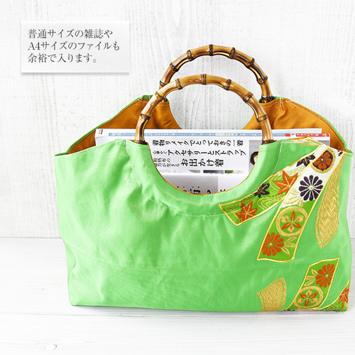 紬帯　水辺に白菖蒲　リメイク　バンブーハンドルバッグ 着物帯リメイクバッグ ハンドメイド 十日町紬 正絹 麻の葉模様