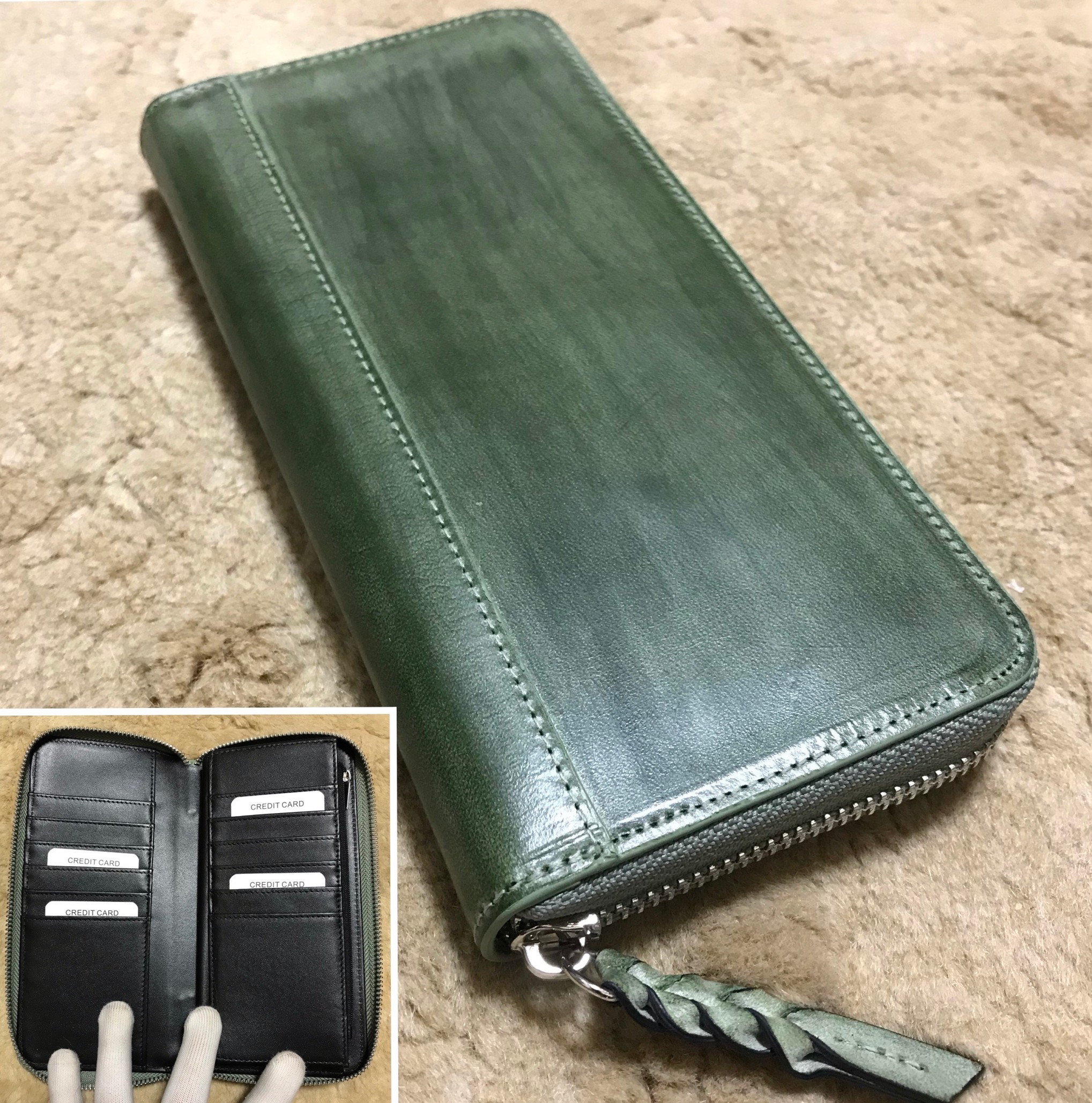 ヌメ革本革 編み込み　メンズ財布/長財布 新品 緑　ハンドメイド ブライドレザー