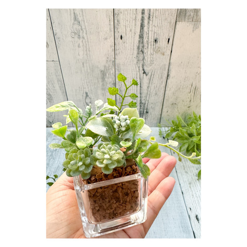 【人気No.1】 再販ガラスポット フェイクグリーン寄せ植え風アレンジ 置物