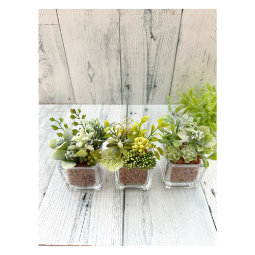再販ガラスポットｂフェイクグリーン寄せ植え風アレンジ▫️フェイク多肉植物・観葉植物 再販ガラスポットbフェイクグリーン寄せ植え風アレンジ