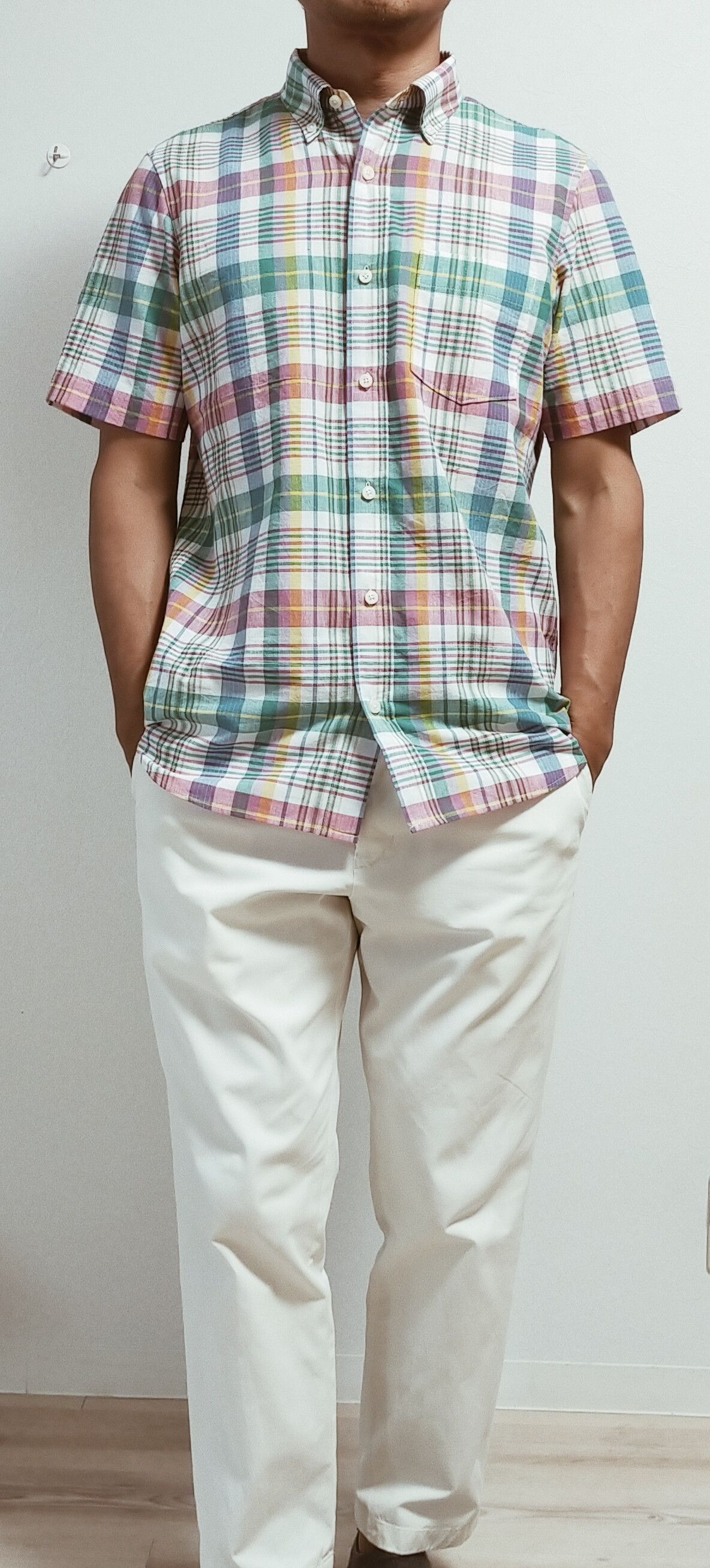 Hutte インド綿100%　マドラスチェック　 カジュアルにぴったり　メンズシャツ　ボタンダウン　サイズM～L