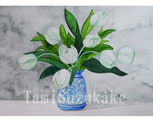 美品 水彩画 花瓶の花 （水彩画原画「花瓶と白いチューリップ