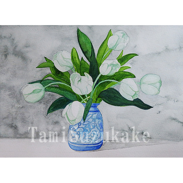 水彩画原画「花瓶と白いチューリップ」 絵画 tami suzukake 通販