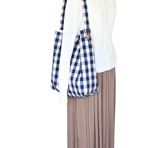 綿麻ブロックチェックのワンショルダーバッグ（L）☆ブルー×生成り｜A4