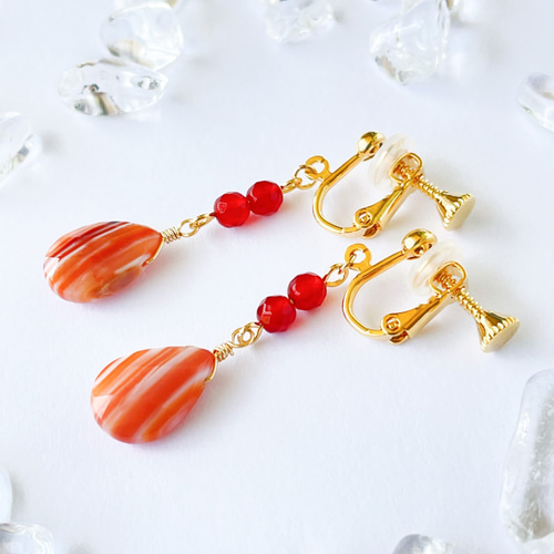 元気なオレンジ！カーネリアンとサードオニキスのイヤリング/ピアス