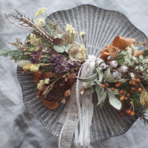 一点物【ドライフラワーのリボンガーランド】素朴 アシンメトリー  