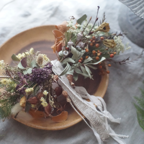 一点物【ドライフラワーのリボンガーランド】素朴 アシンメトリー  