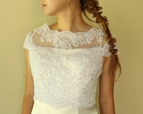 送料無料！ボレロ 半袖 くるみボタン キラキラスパンコール 花嫁  