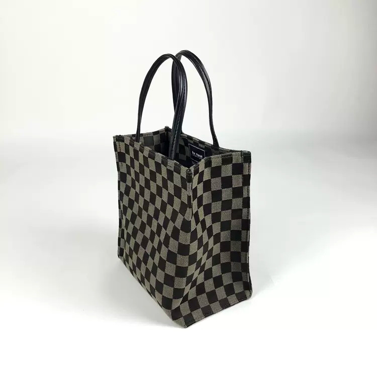 ミニトートバッグ　お弁当袋　本革ハンドル　おしゃれ　軽い　高級感　レトロ　チェック柄　通勤　オフィス        Ω