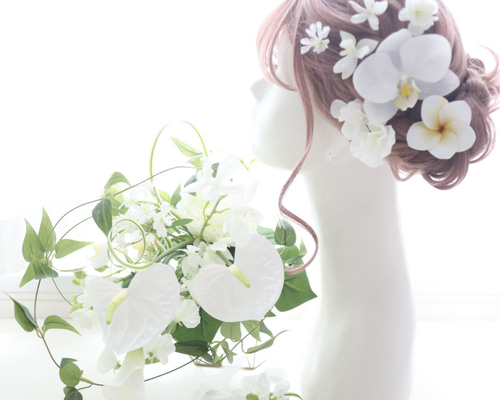 ウェディングブーケ コチョウラン 白グリーン リゾート婚 ヘッド