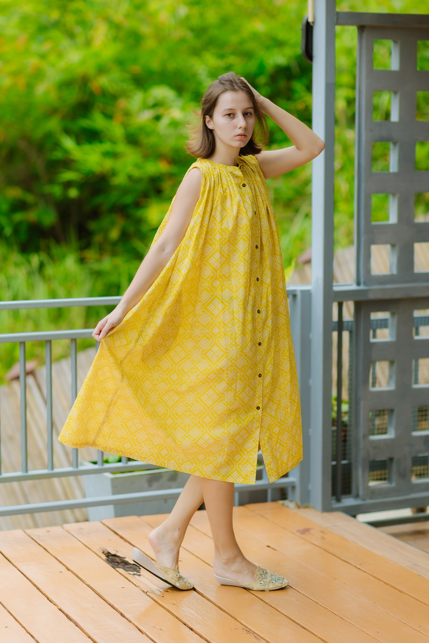 <インド綿/スクリーンプリント>ギャザーボタンワンピース