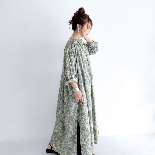 インド綿 ブロックプリントのロングシャツワンピース〔グレー