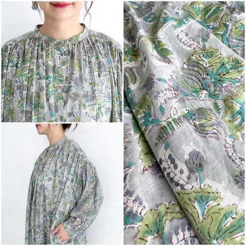 インド綿 ブロックプリントのロングシャツワンピース〔グレー