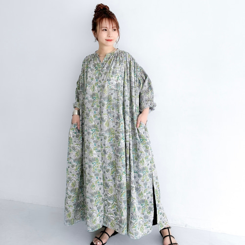 インド綿 ブロックプリントのロングシャツワンピース〔グレー