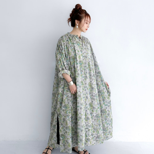 インド綿 ブロックプリントのロングシャツワンピース〔グレー