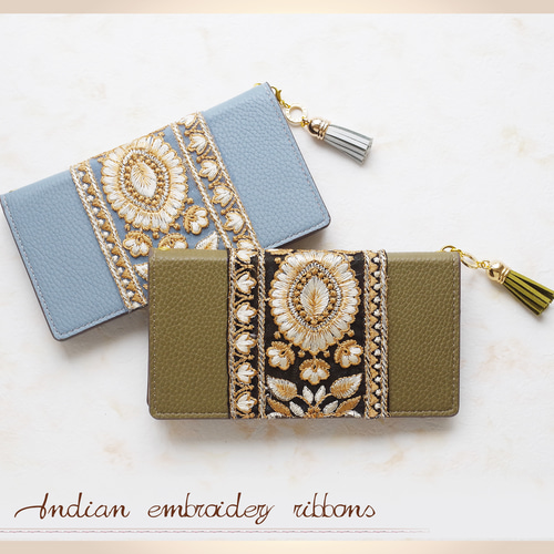 インド刺繍リボン✴︎Khaki or Blue 多機種対応✳︎iPhone15 Xperia