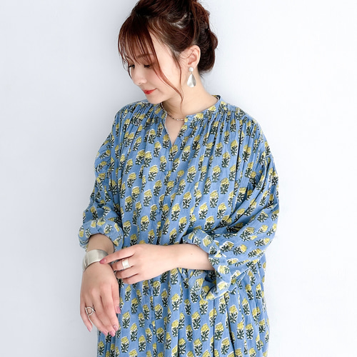 期間限定SALE】インド綿 ブロックプリントのロングシャツ
