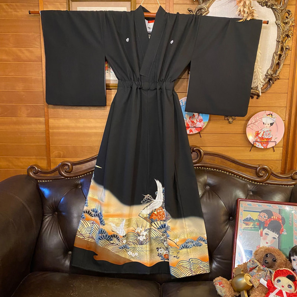 和洋折衷 黒留袖 着物 リメイク ワンピース ドレス 洗える 化繊 古着 舞鶴×金×黒/ブラック TKW-43 着物 和洋折衷 黒留袖 リメイク ワンピース ドレス 洗える 化繊 古着 舞鶴×金×黒/ブラック TKW 浴衣 ﾟ❀·°⟡ ⎯⎯⎯⎯⎯⎯⟡ ·❀·°✿ *･