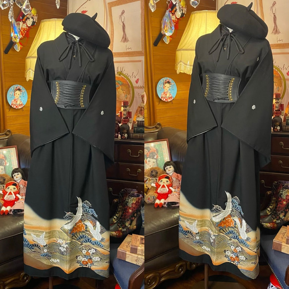 和洋折衷 黒留袖 着物 リメイク ワンピース ドレス 洗える 化繊 古着 舞鶴×金×黒/ブラック TKW-43 着物 和洋折衷 黒留袖 リメイク ワンピース ドレス 洗える 化繊 古着 舞鶴×金×黒/ブラック TKW 浴衣 ﾟ❀·°⟡ ⎯⎯⎯⎯⎯⎯⟡ ·❀·°✿ *･