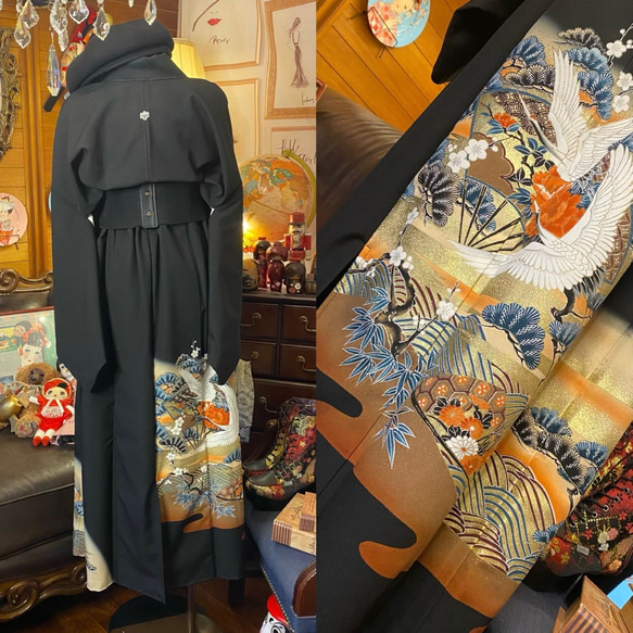 和洋折衷 黒留袖 着物 リメイク ワンピース ドレス 洗える 化繊 古着 舞鶴×金×黒/ブラック TKW-43 着物 和洋折衷 黒留袖 リメイク ワンピース ドレス 洗える 化繊 古着 舞鶴×金×黒/ブラック TKW 浴衣 ﾟ❀·°⟡ ⎯⎯⎯⎯⎯⎯⟡ ·❀·°✿ *･