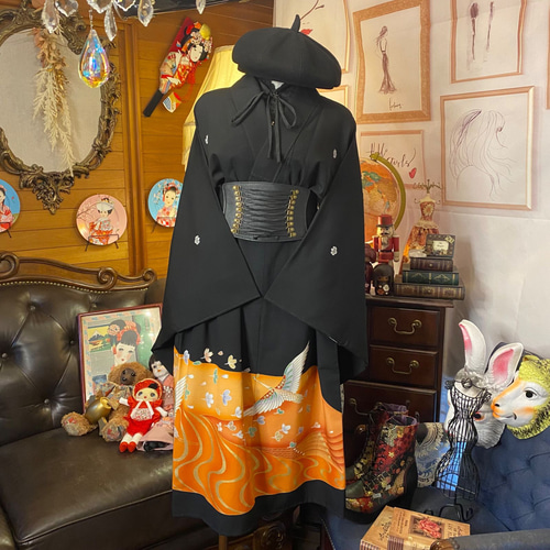 和洋折衷 黒留袖 着物 リメイク ワンピース ドレス 洗える 化繊