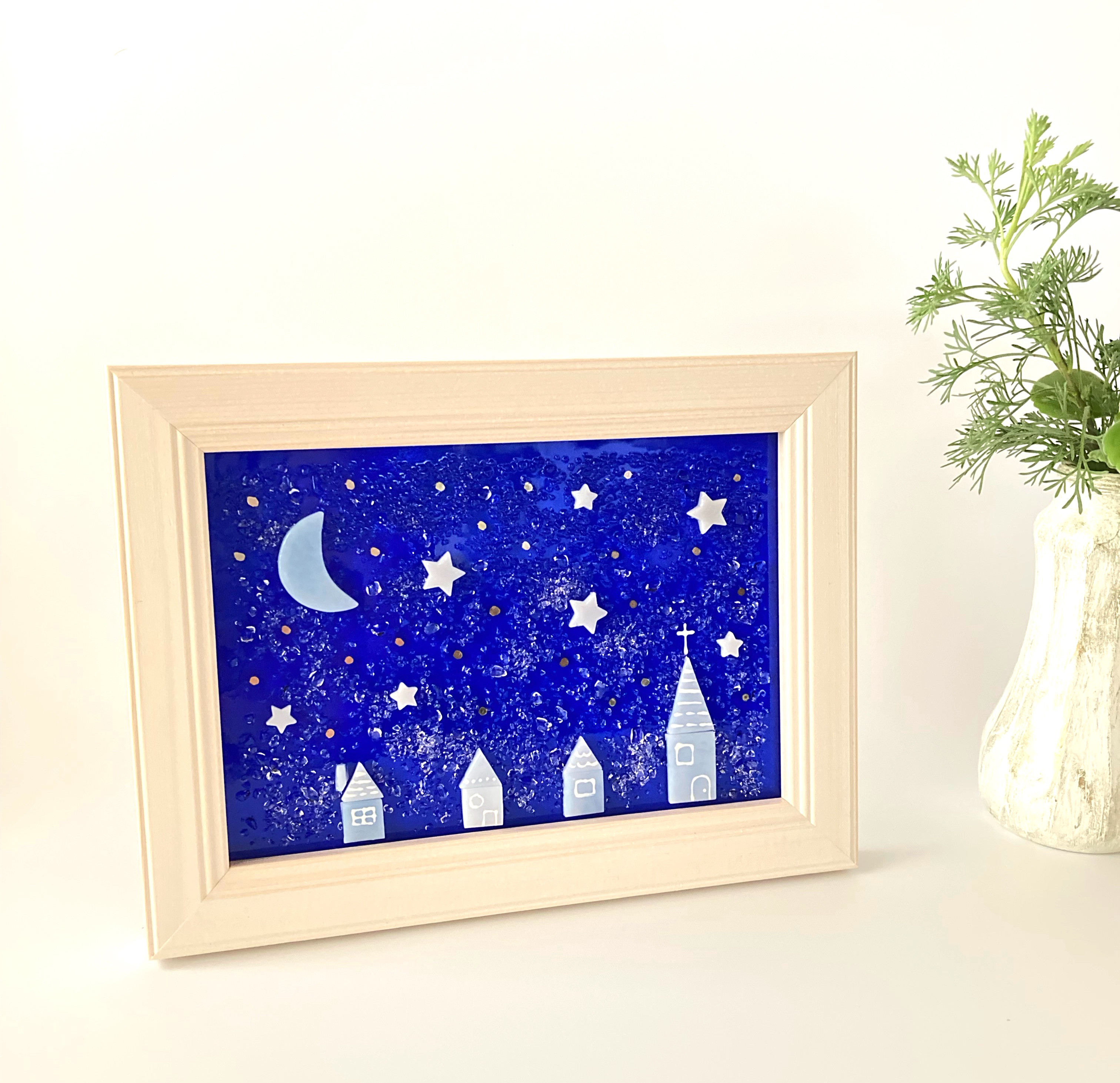 【即納】ガラス絵（夜の街）壁掛け可