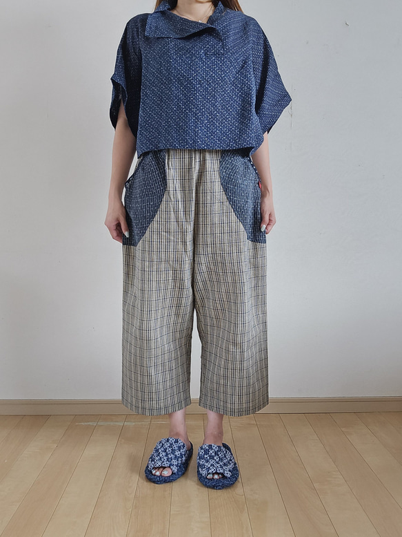 着物リメイク 手作り 近江上布 ブラウス 麻100% ロングパンツ  