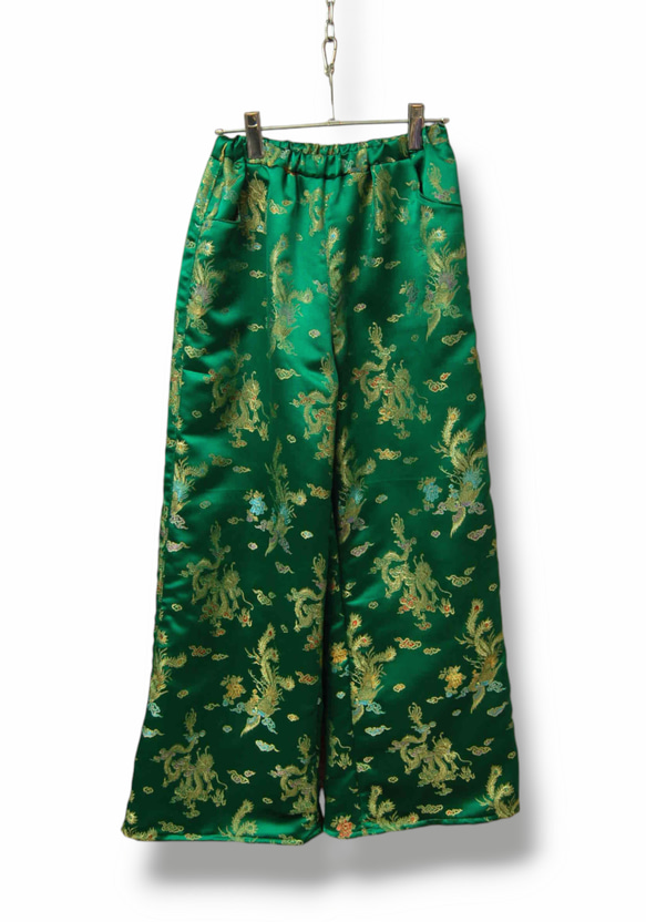 龍×鳳凰 チャイナワイドパンツ:グリーン キュロット・ワイドパンツ  