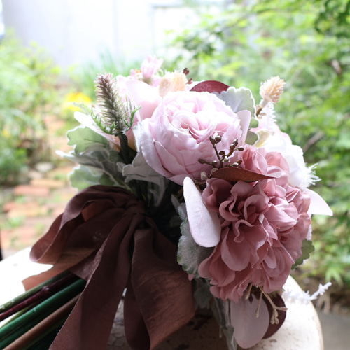 アーティフィシャルフラワー ブーケ ウェディング オレンジピンク ブートニア付き オレンジ トロピカルブーケ ウェディングブーケ ブートニア