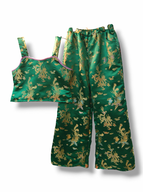 龍×鳳凰 チャイナセットアップ:グリーン セットアップ Hand Made :SSD  