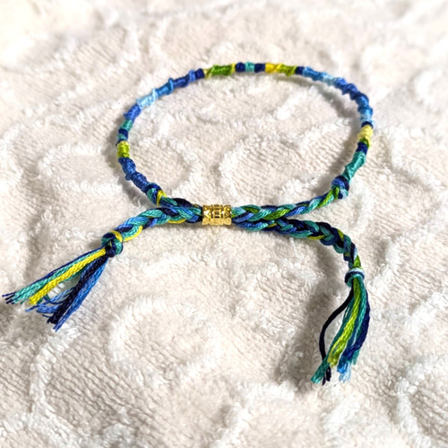 ビーズで取り外し＆調整簡単 アート ミサンガ ブレスレット 青 黄緑