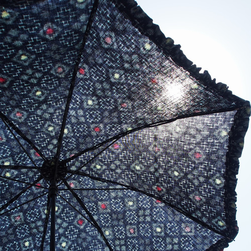 着物リメイク日傘＊久留米絣から作ったフリル付き日傘, Kimono