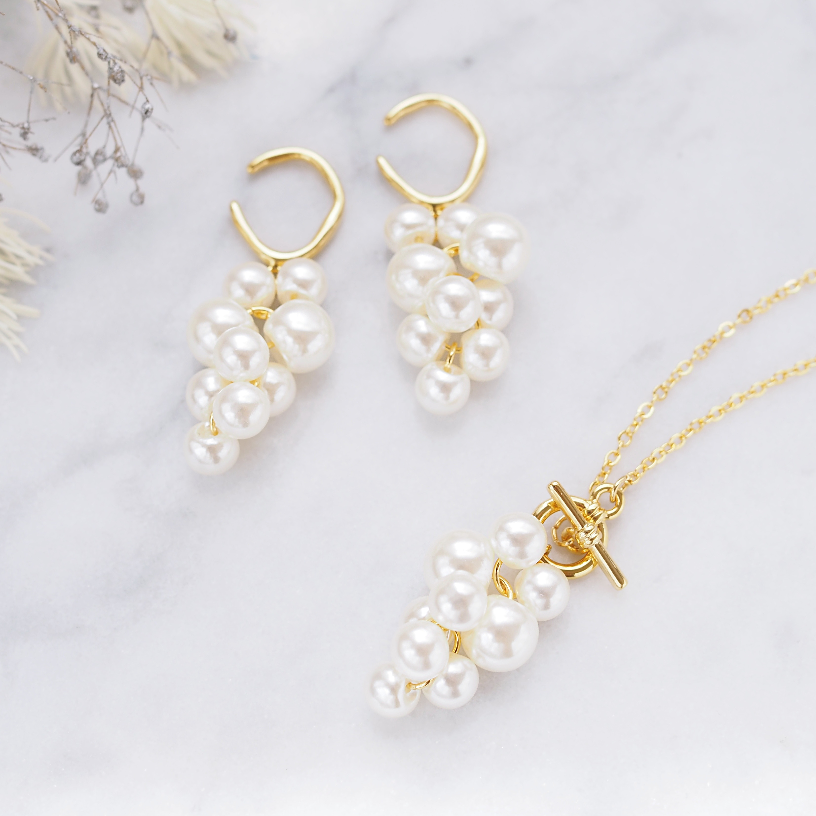 最高級鍍金 バブルパールのイヤーカフ(両耳用)＆ネックレス セット【送料無料/セット割!】