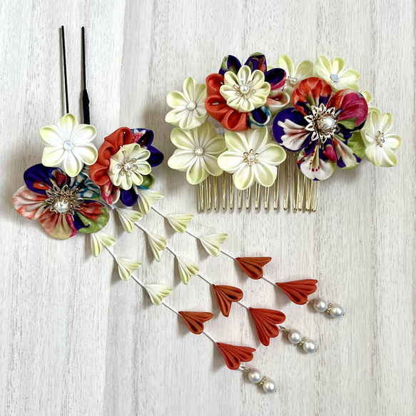 大正ロマン風 レトロな絹のつまみ細工髪飾り 七五三 成人式 コーム