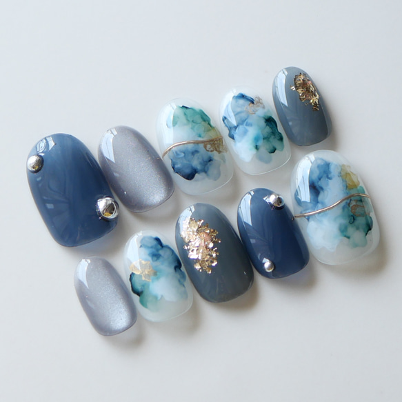 夏の大人インクネイル-blue-◇ネイルチップ【natsu-No.13】 ネイル