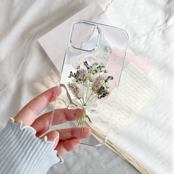 好きな雰囲気を身に纏う ピンク ブーケ 押し花スマホケース 【ハイブリッドケース対応可】全機種対応 6枚目の画像