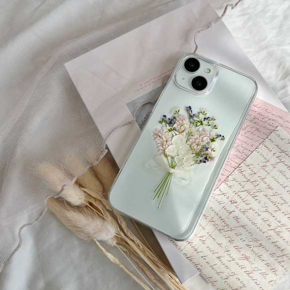 好きな雰囲気を身に纏う ピンク ブーケ 押し花スマホケース 【ハイブリッドケース対応可】全機種対応 7枚目の画像