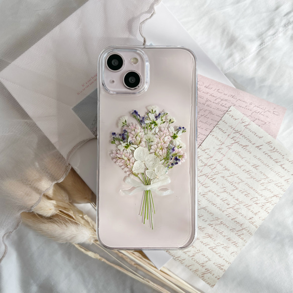 好きな雰囲気を身に纏う ピンク ブーケ 押し花スマホケース 【ハイブリッドケース対応可】全機種対応 3枚目の画像