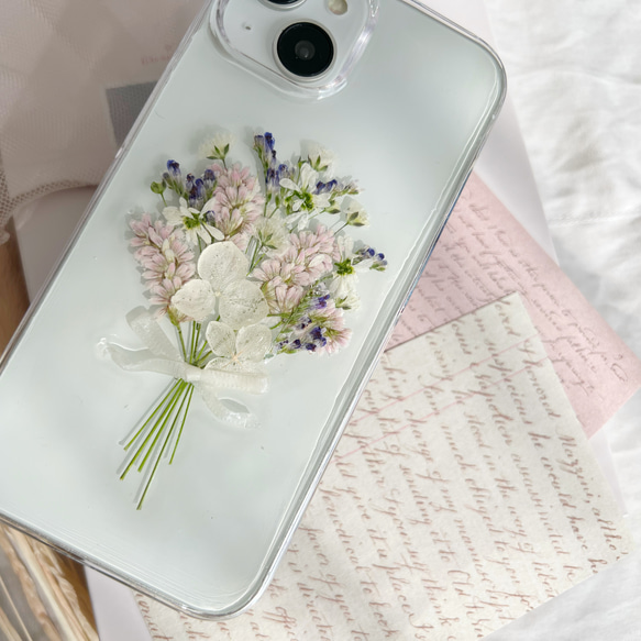 好きな雰囲気を身に纏う ピンク ブーケ 押し花スマホケース 【ハイブリッドケース対応可】全機種対応 15枚目の画像