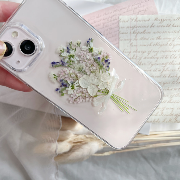 好きな雰囲気を身に纏う ピンク ブーケ 押し花スマホケース 【ハイブリッドケース対応可】全機種対応 13枚目の画像