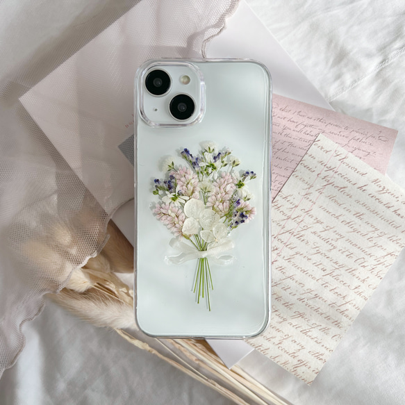 好きな雰囲気を身に纏う ピンク ブーケ 押し花スマホケース 【ハイブリッドケース対応可】全機種対応 17枚目の画像