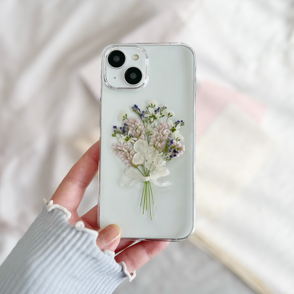 好きな雰囲気を身に纏う ピンク ブーケ 押し花スマホケース 【ハイブリッドケース対応可】全機種対応 8枚目の画像